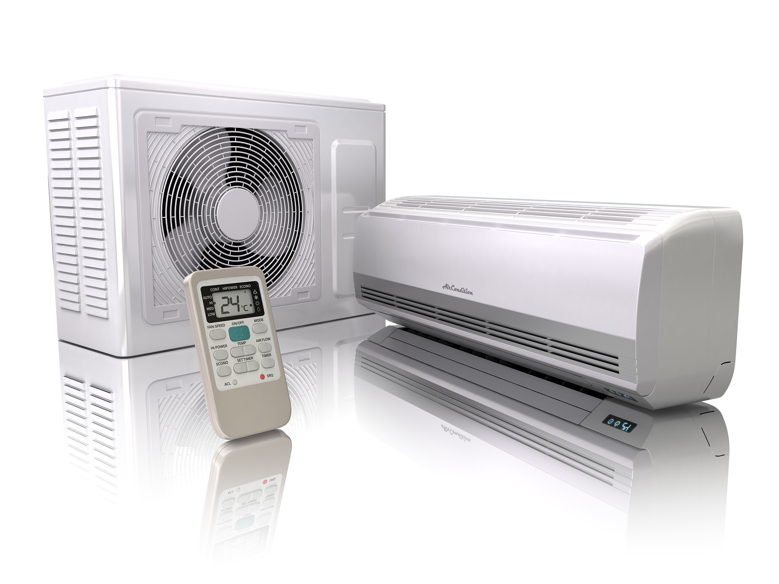 Split-system air conditioner with outdoor unit and remote control